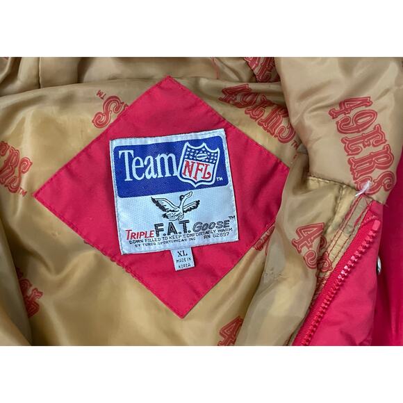 Vtg 90s NFL San Francisco 49ers Triple FaT Goose Down Sideline Long Coat Mens XL - Picture 9 of 14